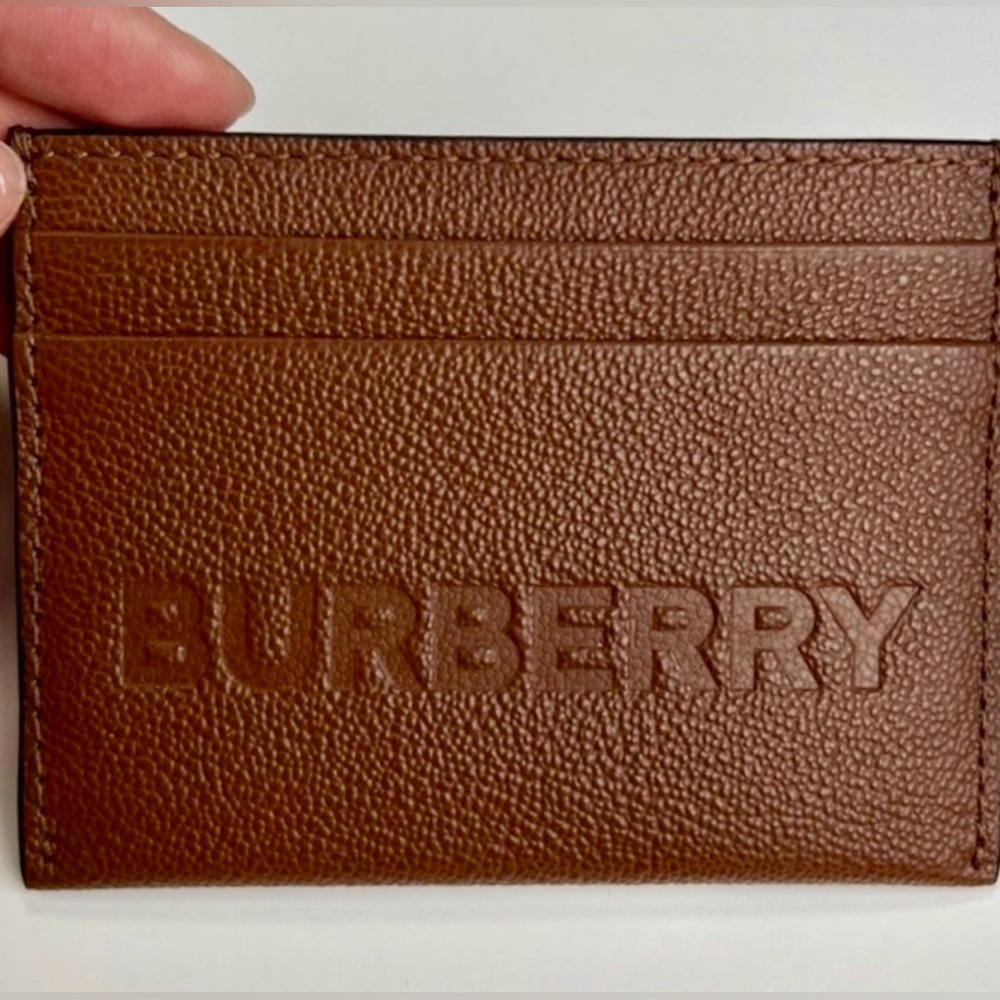NWT Burberry Sandon Logo Brown Embossed Smooth Leather Card Case Wallet Dust Bag - Picture 3 of 8